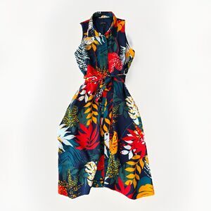 Tahari Navy Floral Sleeveless Dress Size 8 Button Front Belted Collared